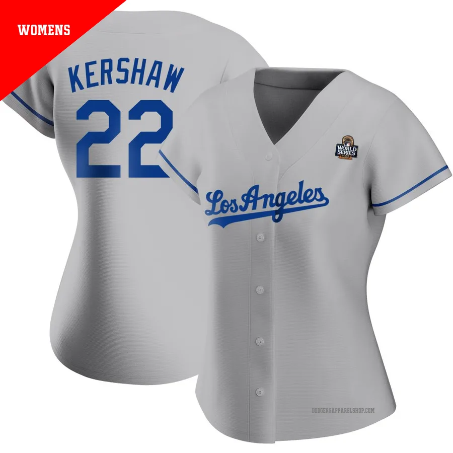 Women's Los Angeles Dodgers ＃22 Clayton Kershaw Gray Replica Road 2024 World Series Jersey