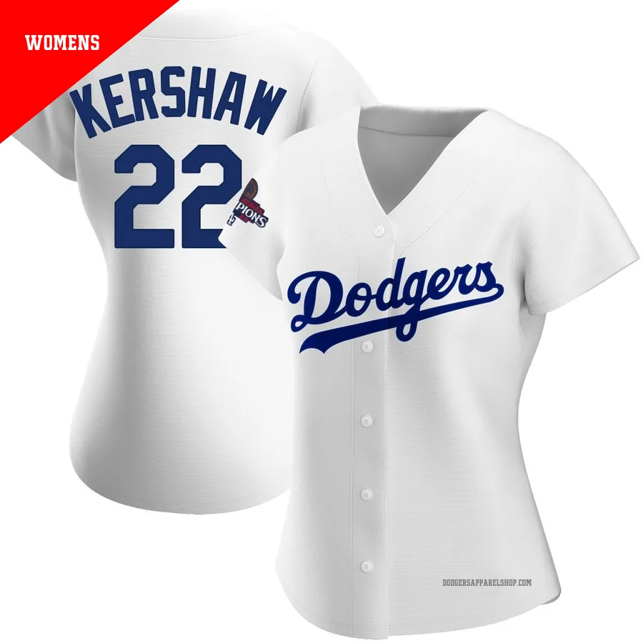 Women's Los Angeles Dodgers ＃22 Clayton Kershaw White Replica Home 2024 World Series Champions Jersey