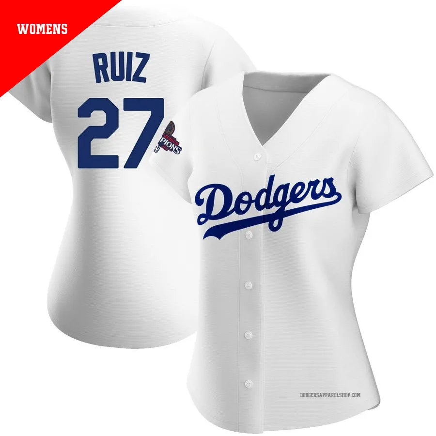 Women's Los Angeles Dodgers ＃27 Esteury Ruiz White Replica Home 2024 World Series Champions Jersey