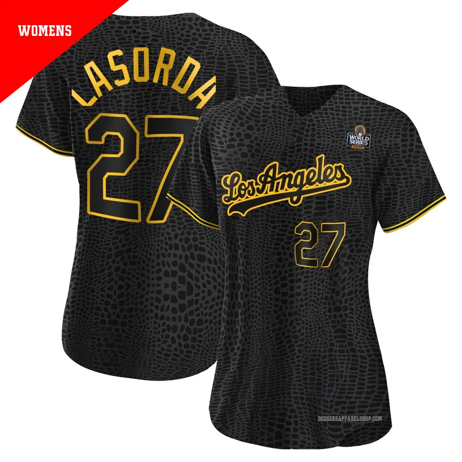 Women's Los Angeles Dodgers ＃27 Tommy Lasorda Black Replica Snake Skin City 2024 World Series Jersey