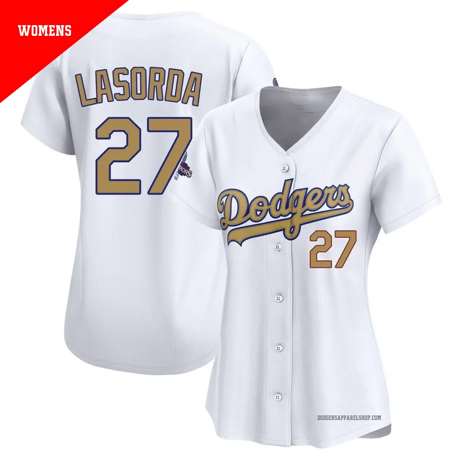 Women's Los Angeles Dodgers ＃27 Tommy Lasorda Gold Limited White 2025 Collection Jersey