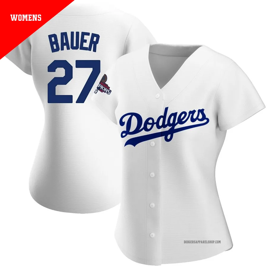 Women's Los Angeles Dodgers ＃27 Trevor Bauer White Replica Home 2024 World Series Champions Jersey