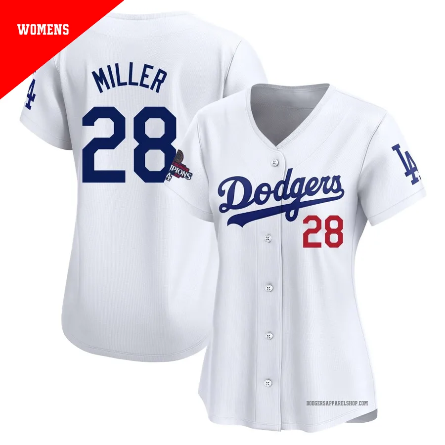 Women's Los Angeles Dodgers ＃28 Bobby Miller White Limited Home 2024 World Series Champions Jersey