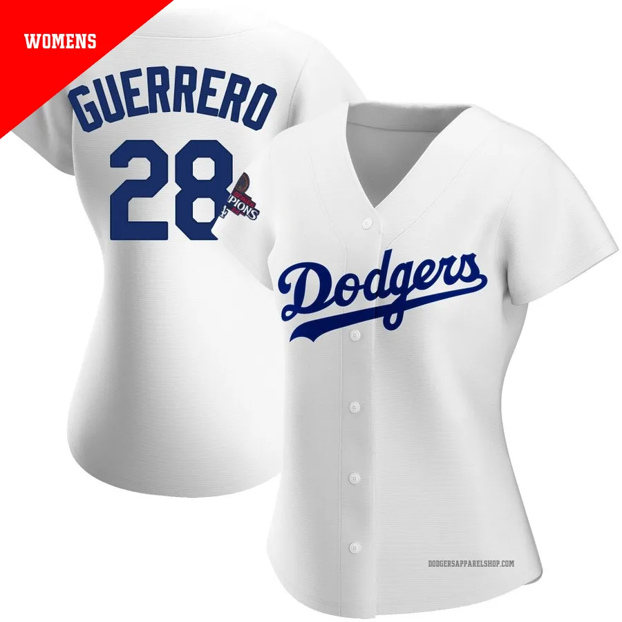 Women's Los Angeles Dodgers ＃28 Pedro Guerrero White Authentic Home 2024 World Series Champions Jersey