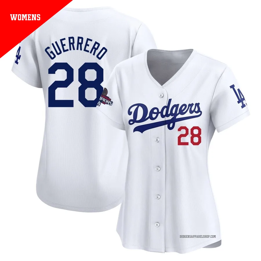Women's Los Angeles Dodgers ＃28 Pedro Guerrero White Limited Home 2024 World Series Champions Jersey