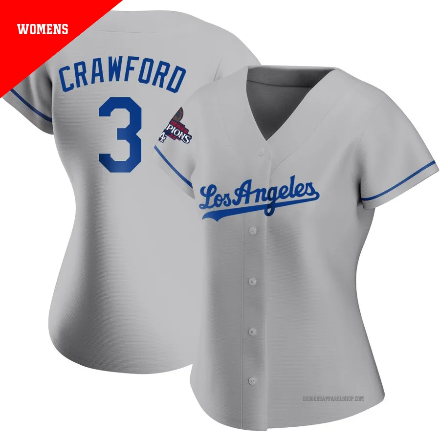 Women's Los Angeles Dodgers ＃3 Carl Crawford Gray Replica Road 2024 World Series Champions Jersey