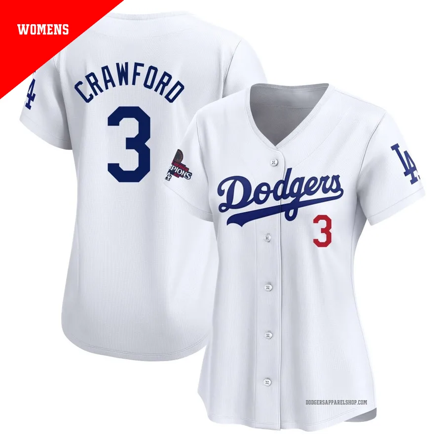 Women's Los Angeles Dodgers ＃3 Carl Crawford White Limited Home 2024 World Series Champions Jersey