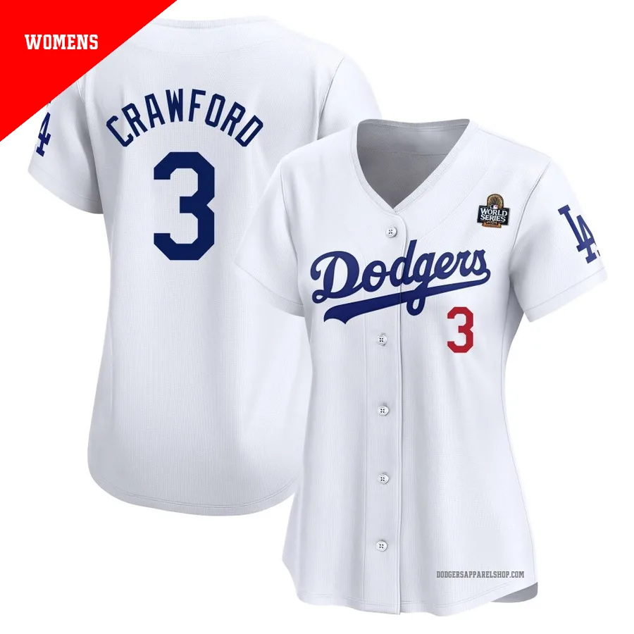 Women's Los Angeles Dodgers ＃3 Carl Crawford White Limited Home 2024 World Series Jersey