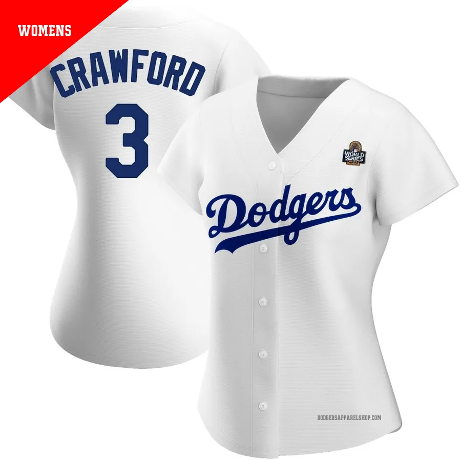 Women's Los Angeles Dodgers ＃3 Carl Crawford White Replica Home 2024 World Series Jersey