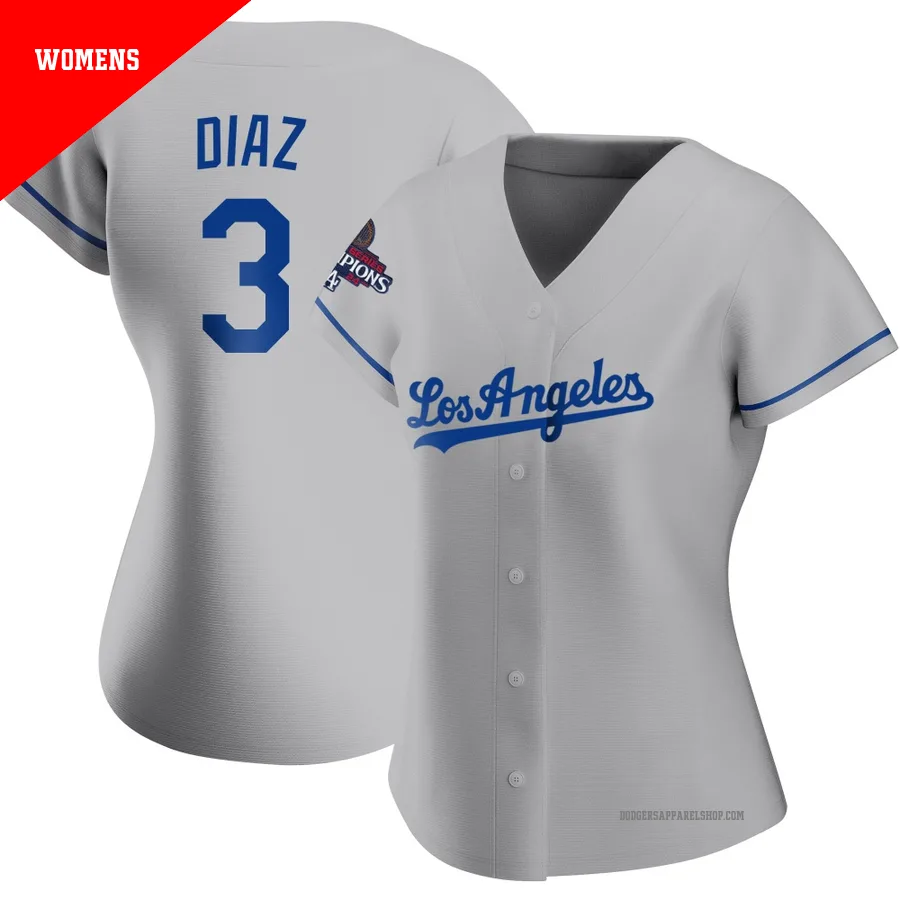 Women's Los Angeles Dodgers ＃3 Edwin Diaz Gray Replica Road 2024 World Series Champions Jersey