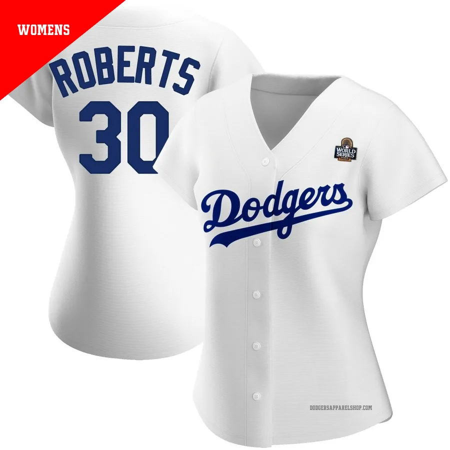 Women's Los Angeles Dodgers ＃30 Dave Roberts White Replica Home 2024 World Series Jersey