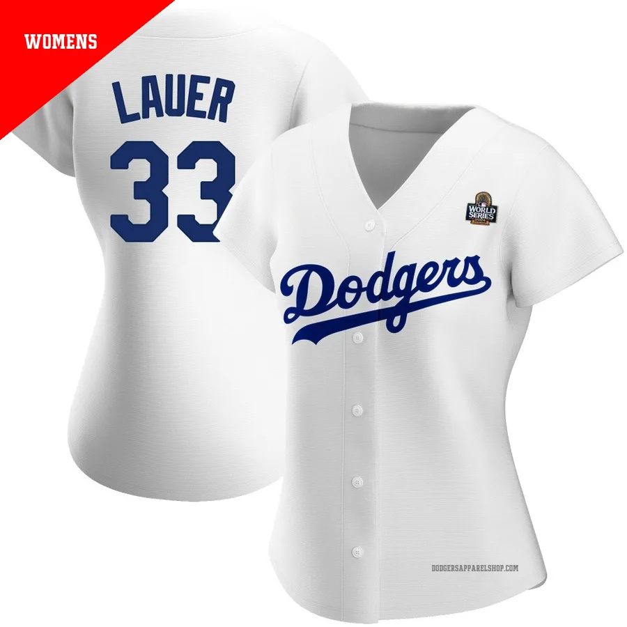 Women's Los Angeles Dodgers ＃33 Eric Lauer White Replica Home 2024 World Series Jersey