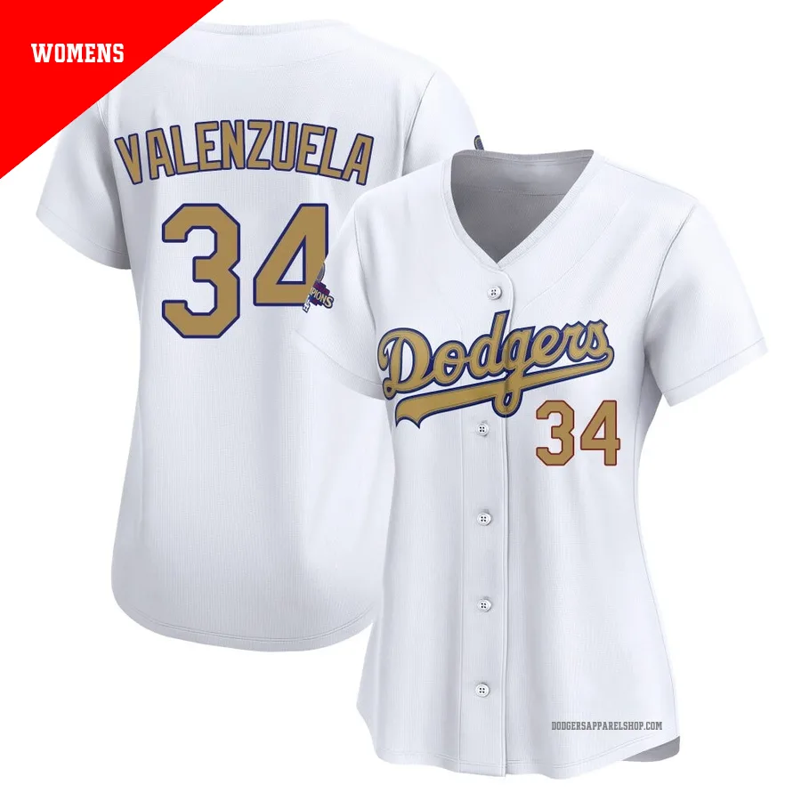 Women's Los Angeles Dodgers ＃34 Fernando Valenzuela Gold Limited White 2025 Collection Jersey