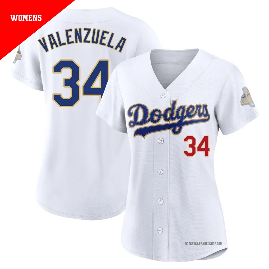 Women's Los Angeles Dodgers ＃34 Fernando Valenzuela Gold Limited White 2026 Collection Stadium Jersey