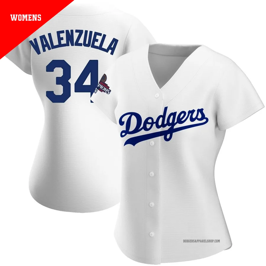 Women's Los Angeles Dodgers ＃34 Fernando Valenzuela White Replica Home 2024 World Series Champions Jersey