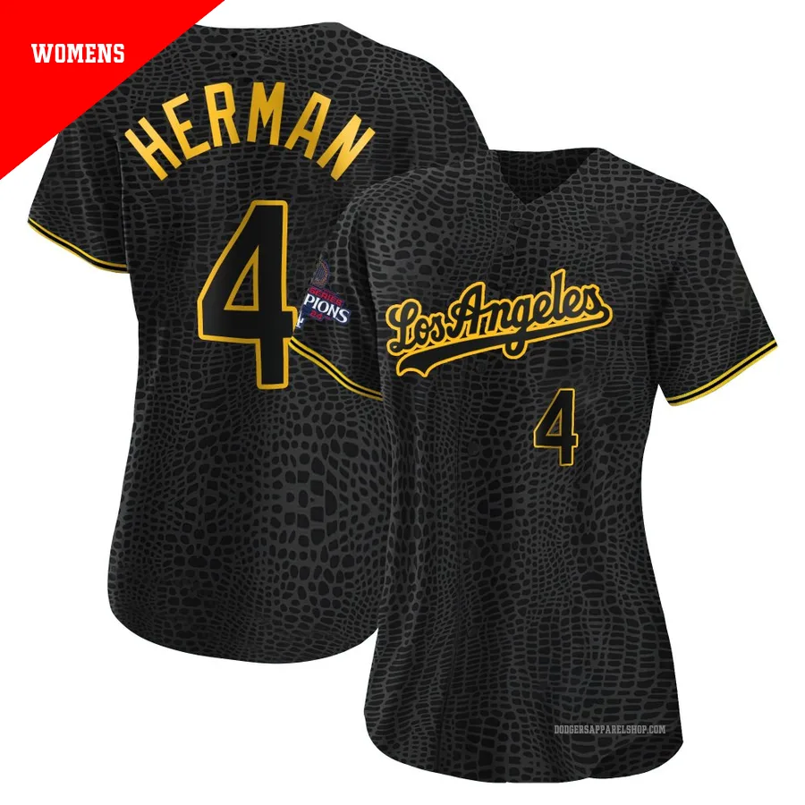 Women's Los Angeles Dodgers ＃4 Babe Herman Black Replica Snake Skin City 2024 World Series Champions Jersey