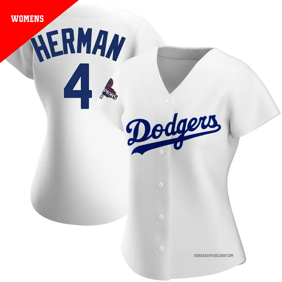 Women's Los Angeles Dodgers ＃4 Babe Herman White Replica Home 2024 World Series Champions Jersey