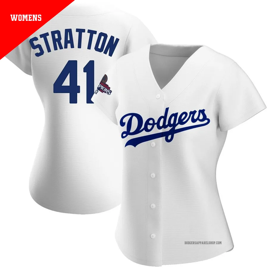 Women's Los Angeles Dodgers ＃41 Chris Stratton White Replica Home 2024 World Series Champions Jersey