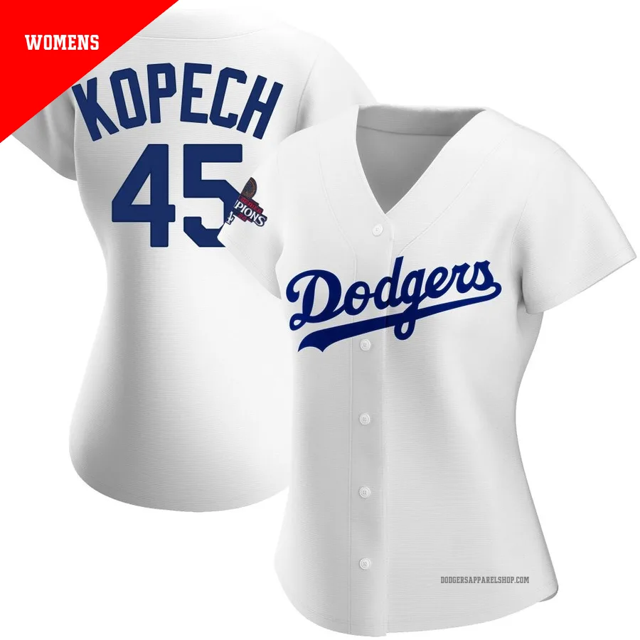 Women's Los Angeles Dodgers ＃45 Michael Kopech White Authentic Home 2024 World Series Champions Jersey