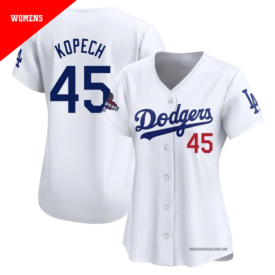 Women's Los Angeles Dodgers ＃45 Michael Kopech White Limited Home 2024 World Series Champions Jersey