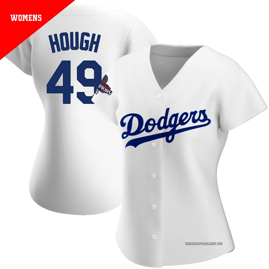 Women's Los Angeles Dodgers ＃49 Charlie Hough White Replica Home 2024 World Series Champions Jersey