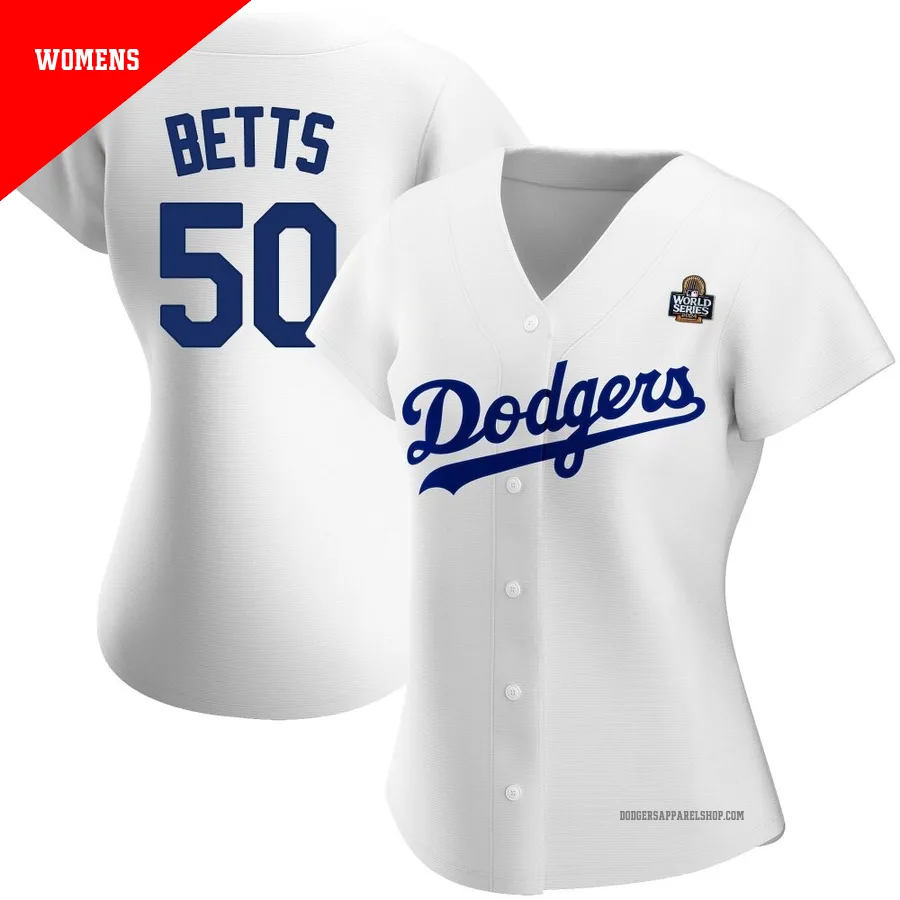 Women's Los Angeles Dodgers ＃50 Mookie Betts White Authentic Home 2024 World Series Jersey