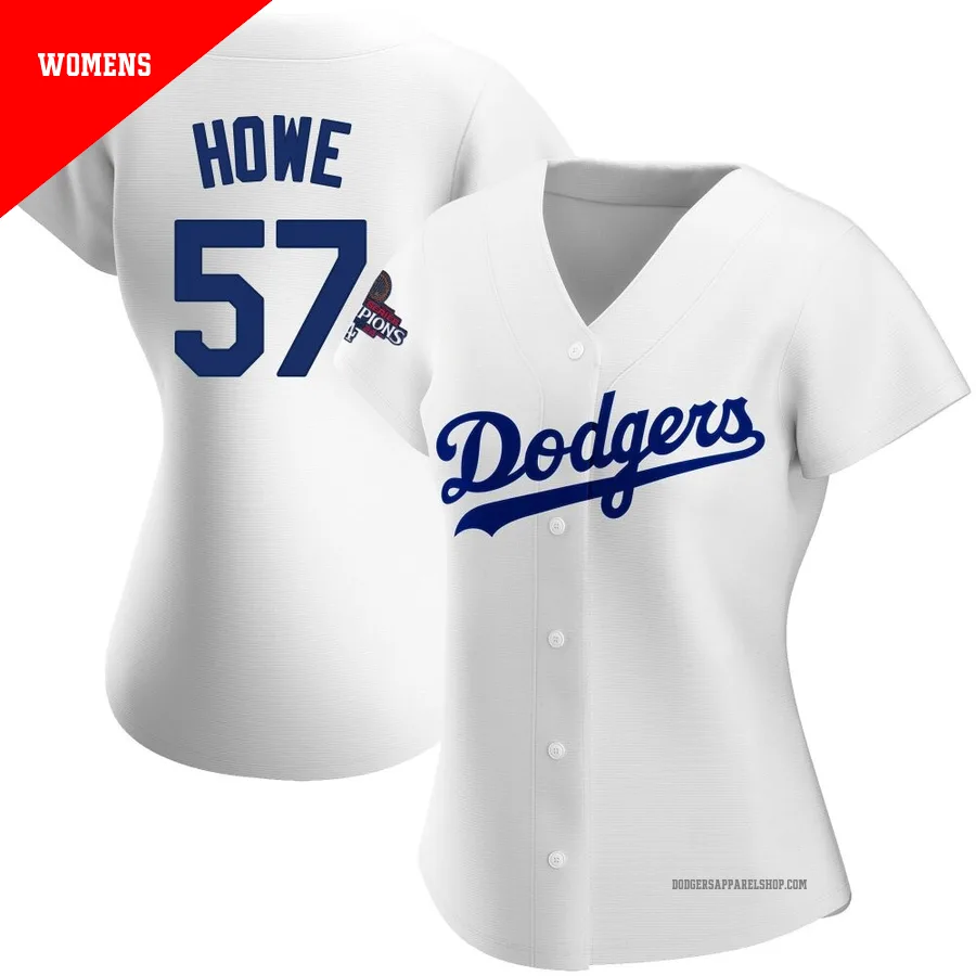 Women's Los Angeles Dodgers ＃57 Steve Howe White Replica Home 2024 World Series Champions Jersey