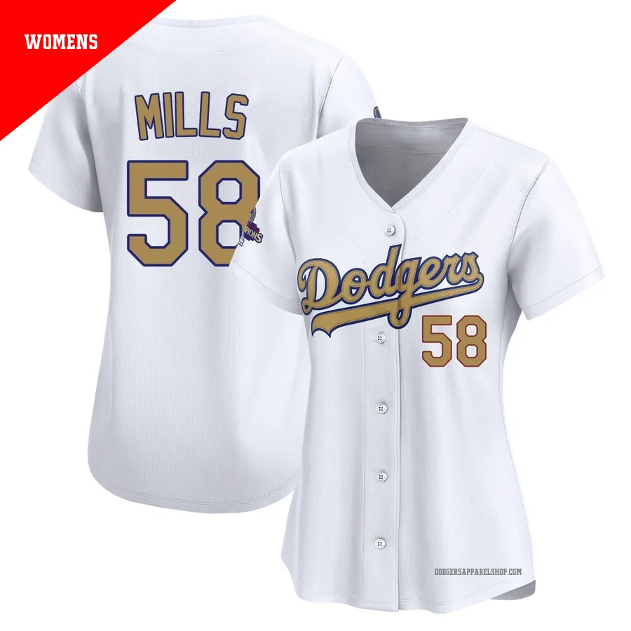 Women's Los Angeles Dodgers ＃58 Wyatt Mills Gold Limited White 2025 Collection Jersey