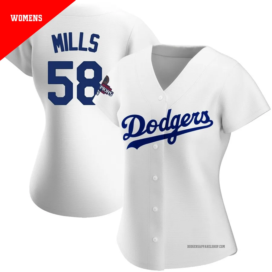Women's Los Angeles Dodgers ＃58 Wyatt Mills White Replica Home 2024 World Series Champions Jersey