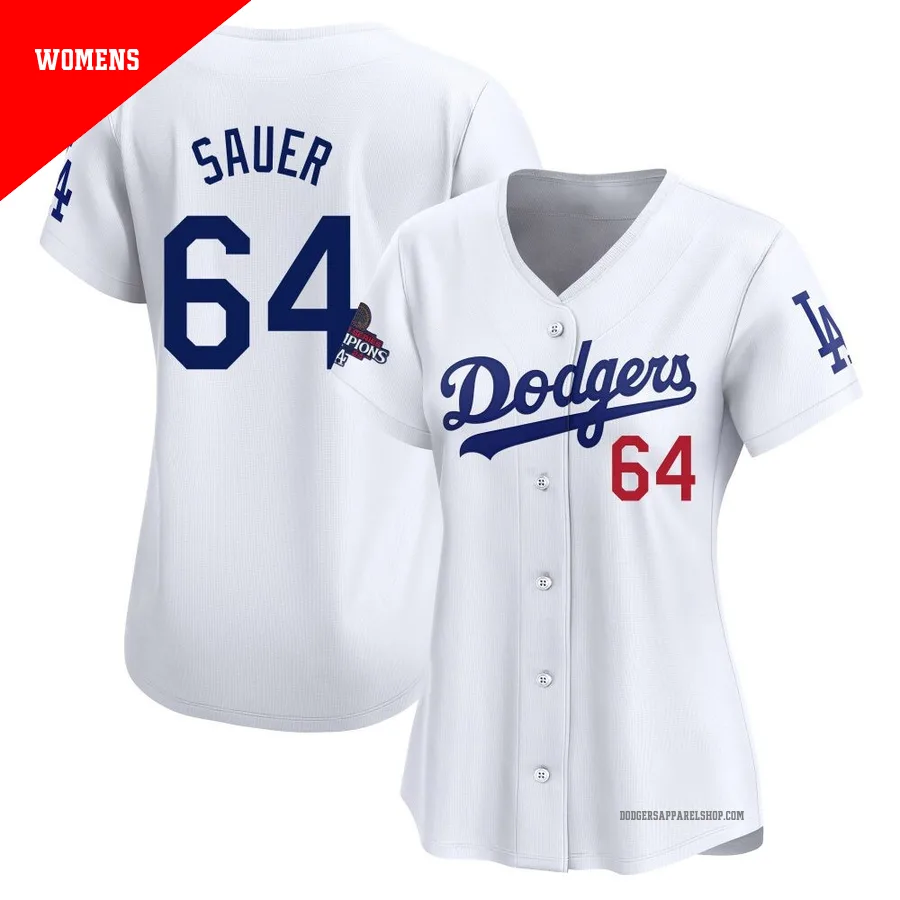 Women's Los Angeles Dodgers ＃64 Matt Sauer White Limited Home 2024 World Series Champions Jersey