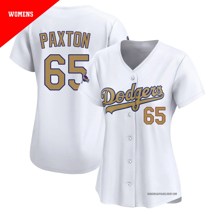 Women's Los Angeles Dodgers ＃65 James Paxton Gold Limited White 2025 Collection Jersey