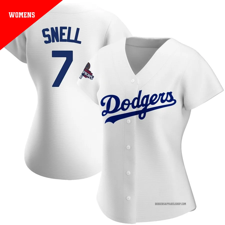 Women's Los Angeles Dodgers ＃7 Blake Snell White Replica Home 2024 World Series Champions Jersey