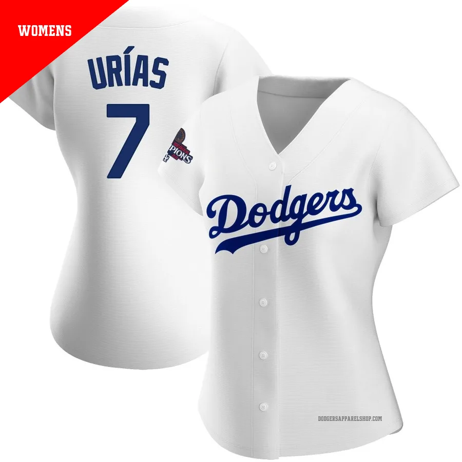 Women's Los Angeles Dodgers ＃7 Julio Urias White Replica Home 2024 World Series Champions Jersey