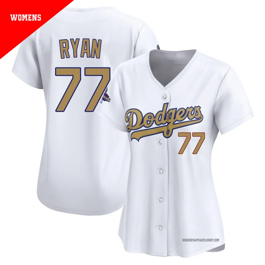Women's Los Angeles Dodgers ＃77 River Ryan Gold Limited White 2025 Collection Jersey
