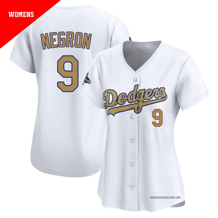 Women's Los Angeles Dodgers ＃9 Kristopher Negron Gold Limited White 2025 Collection Jersey