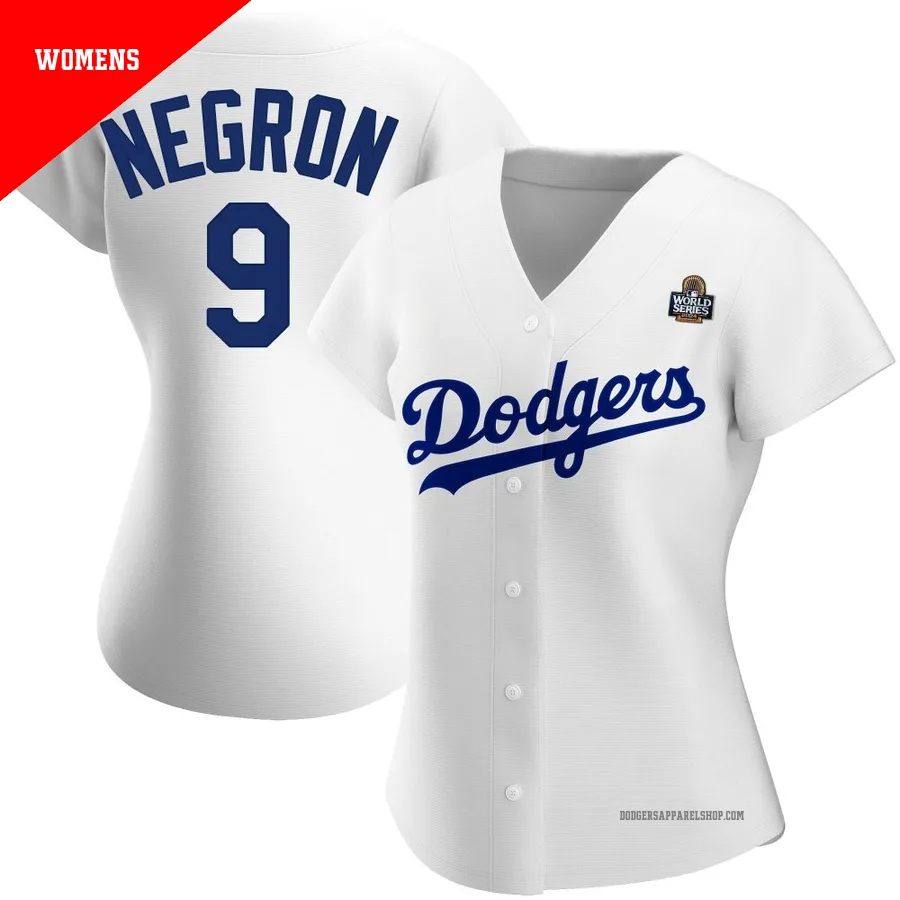 Women's Los Angeles Dodgers ＃9 Kristopher Negron White Authentic Home 2024 World Series Jersey