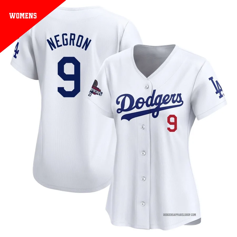 Women's Los Angeles Dodgers ＃9 Kristopher Negron White Limited Home 2024 World Series Champions Jersey