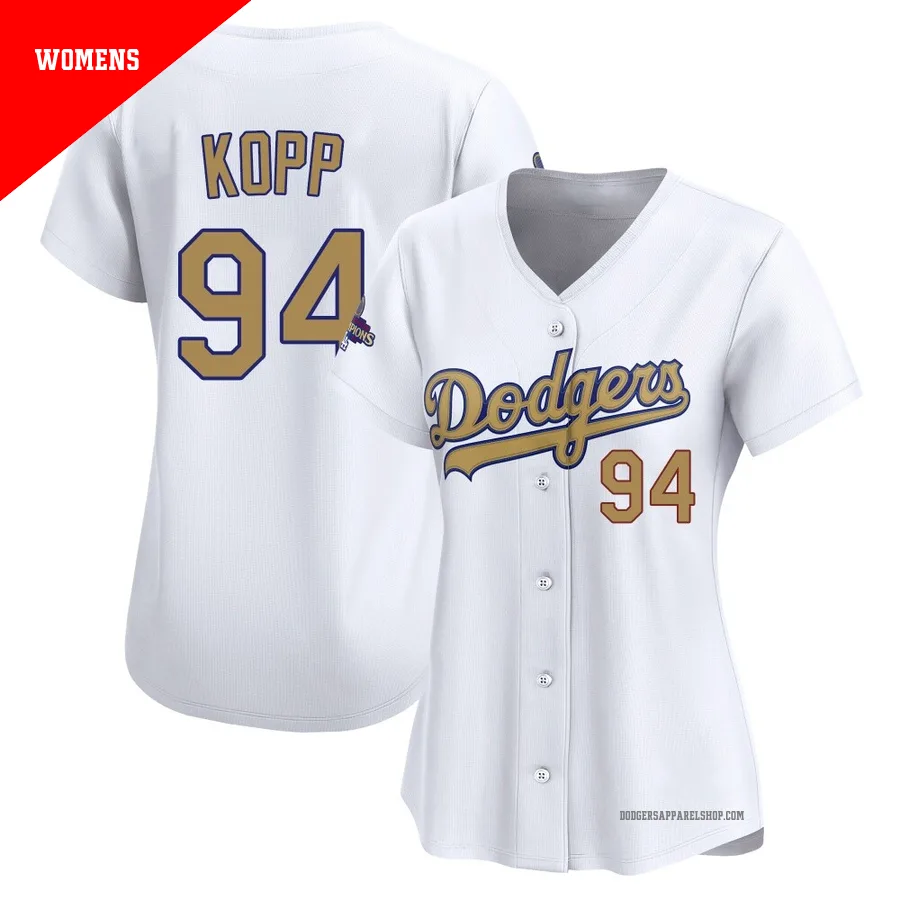 Women's Los Angeles Dodgers ＃94 Ronan Kopp Gold Limited White 2025 Collection Jersey