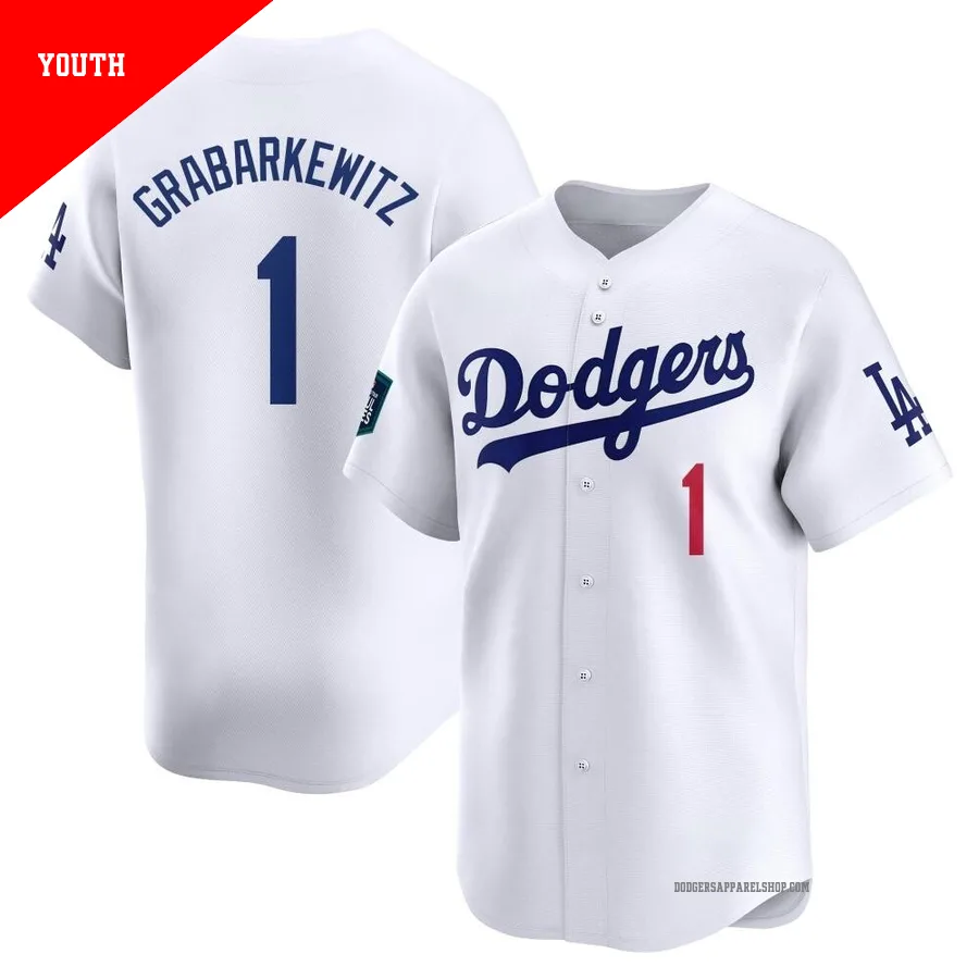 Youth Los Angeles Dodgers ＃1 Billy Grabarkewitz White Limited 2024 World Tour Seoul Series Home Jersey