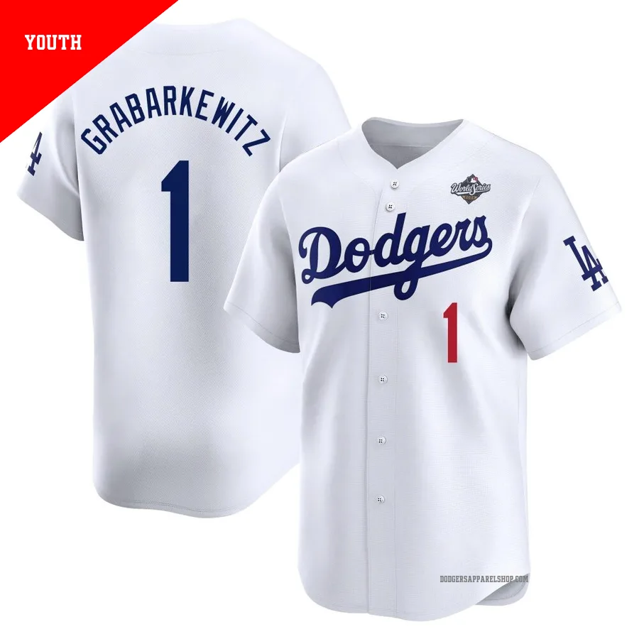Youth Los Angeles Dodgers ＃1 Billy Grabarkewitz White Limited Home 2025 World Series Jersey