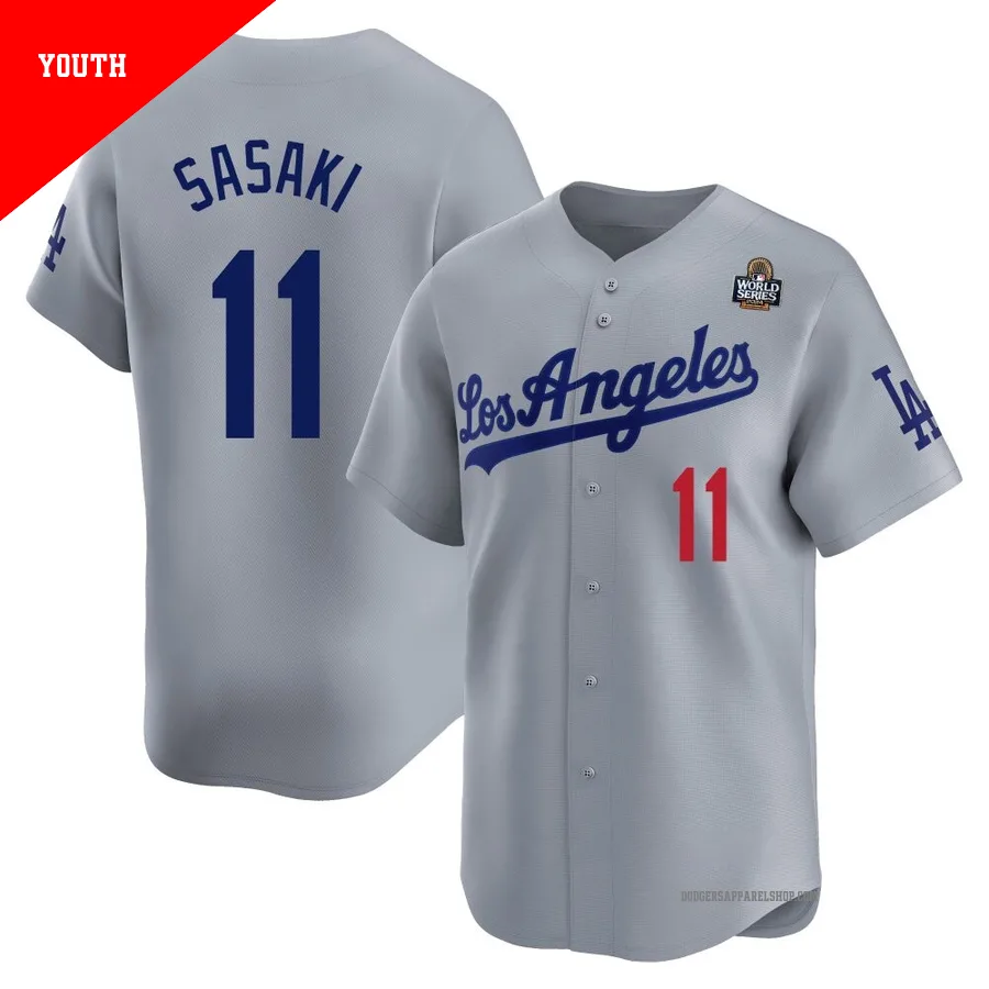 Youth Los Angeles Dodgers ＃11 Roki Sasaki Gray Limited Away 2024 World Series Jersey