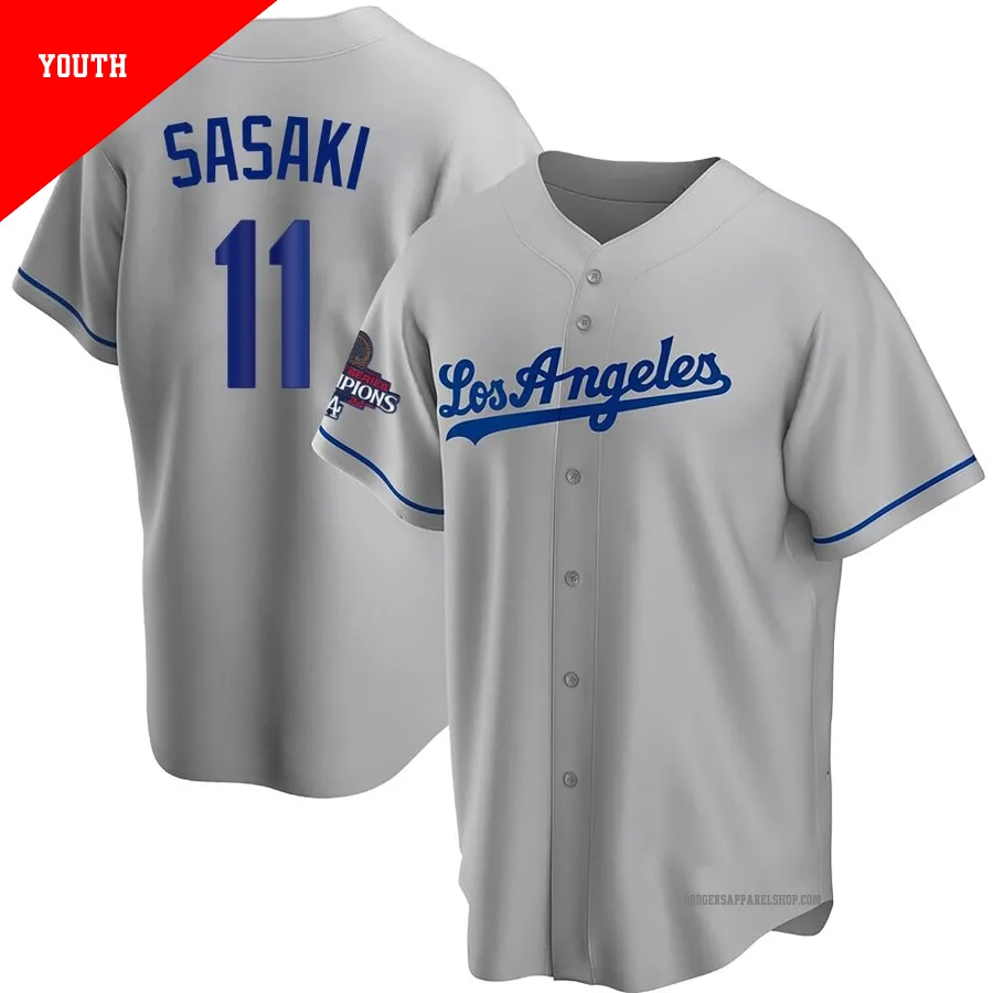 Youth Los Angeles Dodgers ＃11 Roki Sasaki Gray Replica Road 2024 World Series Champions Jersey