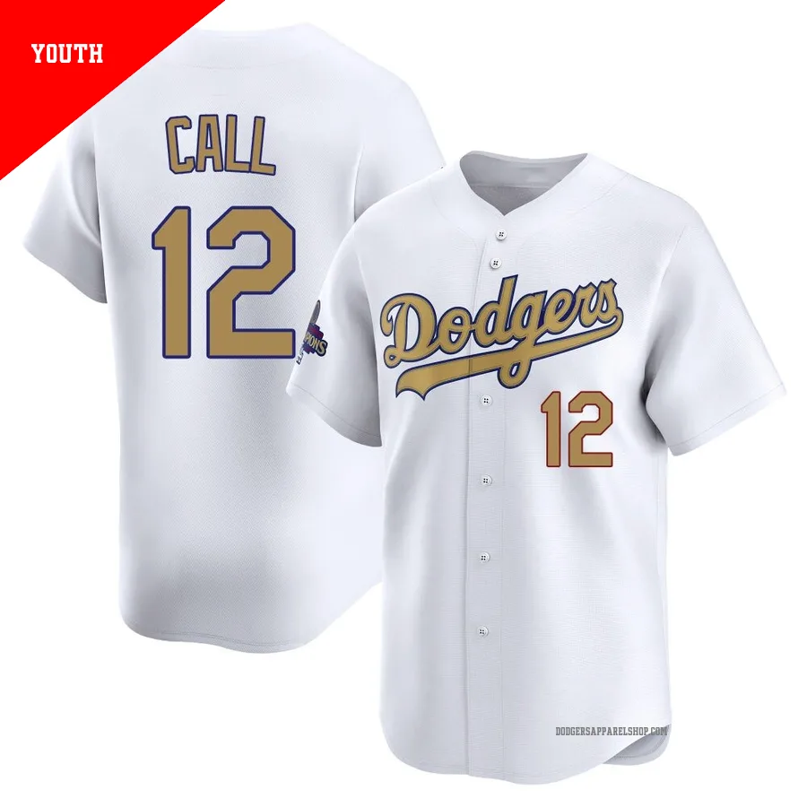 Youth Los Angeles Dodgers ＃12 Alex Call Gold Limited White 2025 Collection Jersey