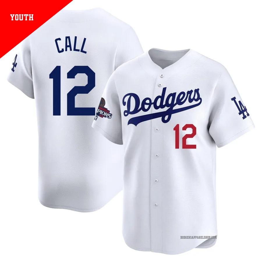 Youth Los Angeles Dodgers ＃12 Alex Call White Limited Home 2024 World Series Champions Jersey