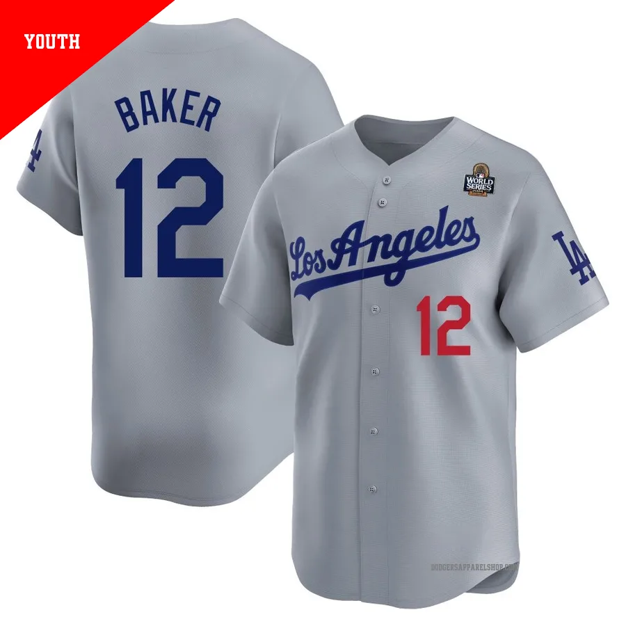 Youth Los Angeles Dodgers ＃12 Dusty Baker Gray Limited Away 2024 World Series Jersey