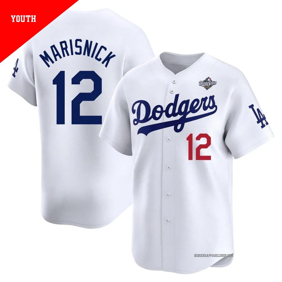 Youth Los Angeles Dodgers ＃12 Jake Marisnick White Limited Home 2025 World Series Jersey