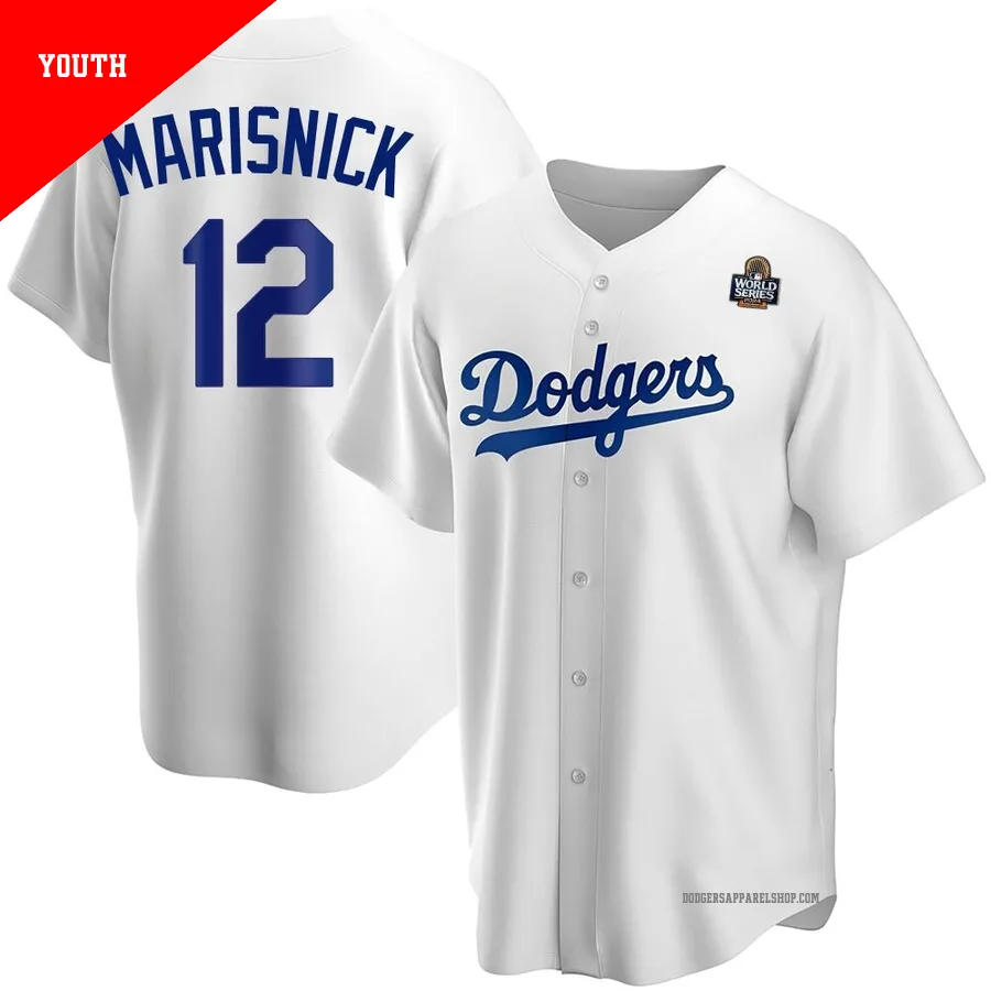 Youth Los Angeles Dodgers ＃12 Jake Marisnick White Replica Home 2024 World Series Jersey