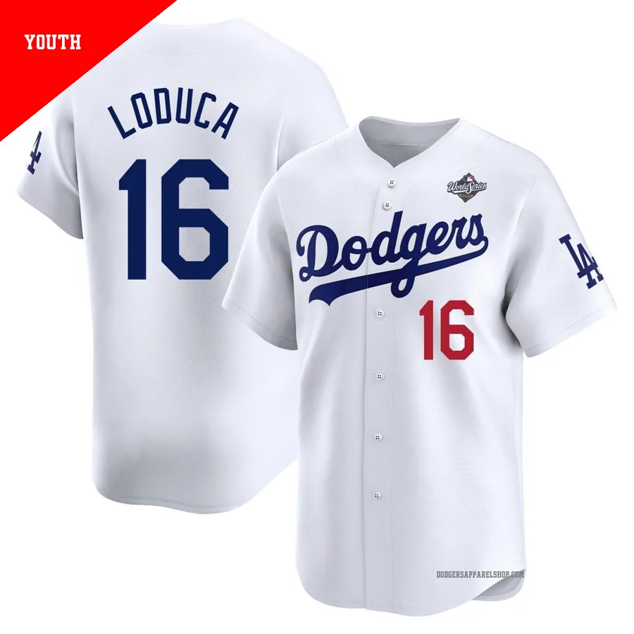 Youth Los Angeles Dodgers ＃16 Paul Loduca White Limited Home 2025 World Series Jersey