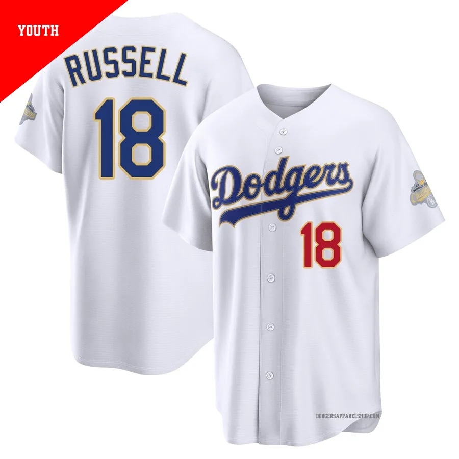 Youth Los Angeles Dodgers ＃18 Bill Russell Gold Limited White 2026 Collection Stadium Jersey