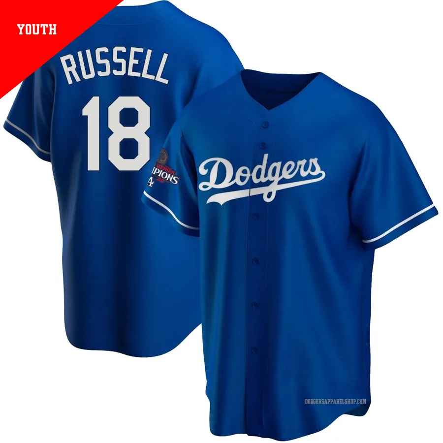 Youth Los Angeles Dodgers ＃18 Bill Russell Royal Replica Alternate 2024 World Series Champions Jersey